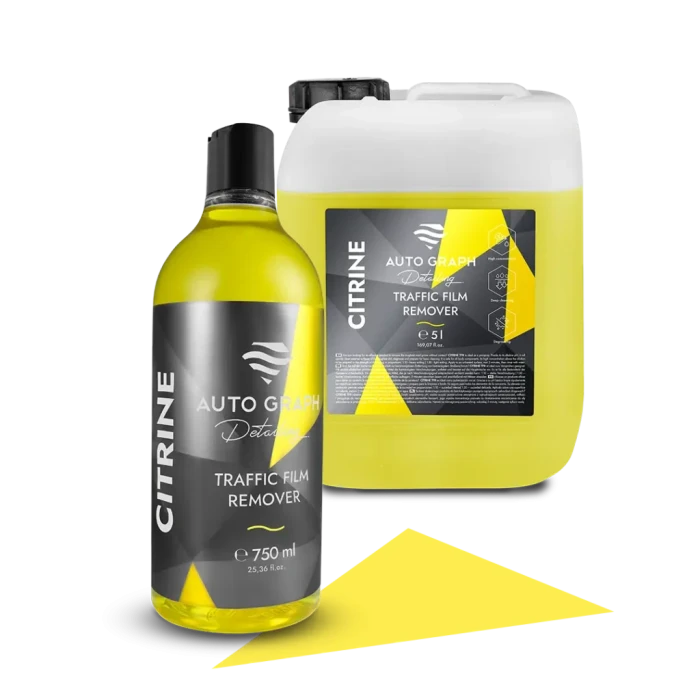 CITRINE Traffic Film Remover, butelka 750 ml i kanister 5 l obok siebie na białym tle
