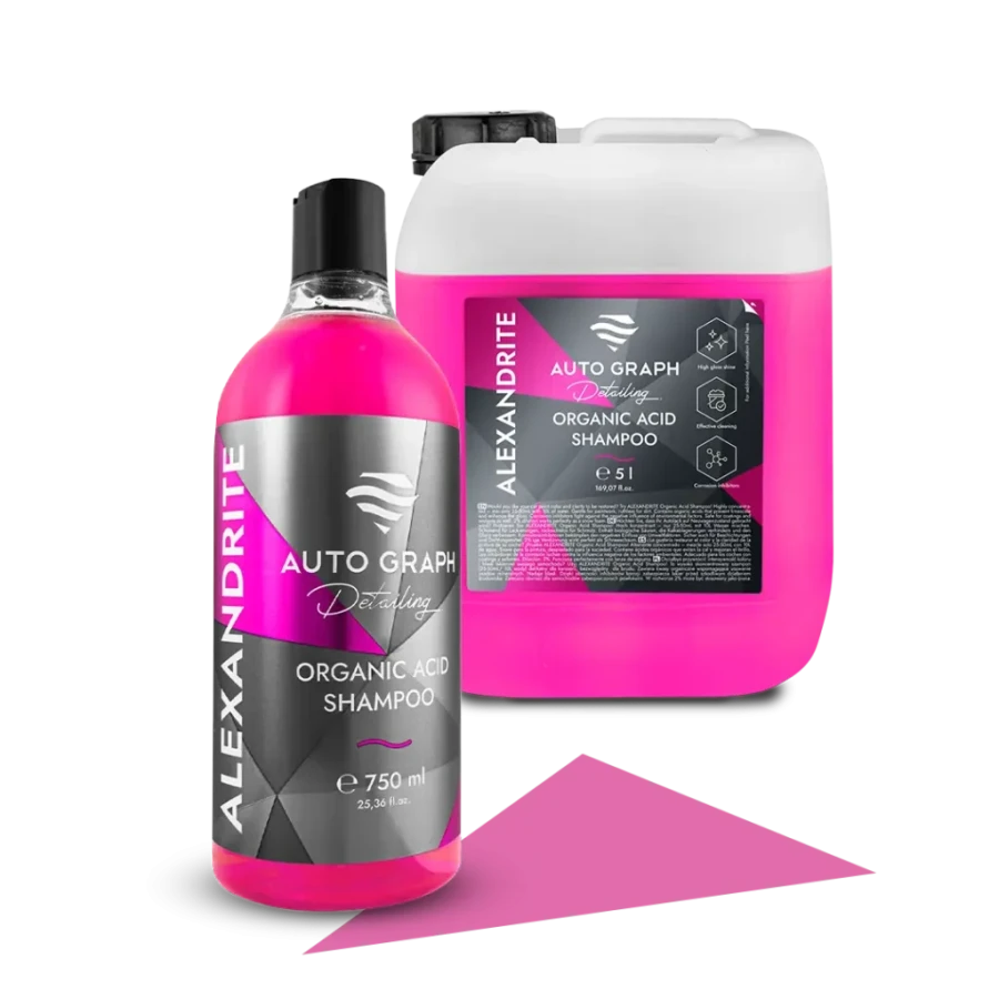 ALEXANDRITE Organic Acid Shampoo, butelka 750 ml i kanister 5 l na białym tle