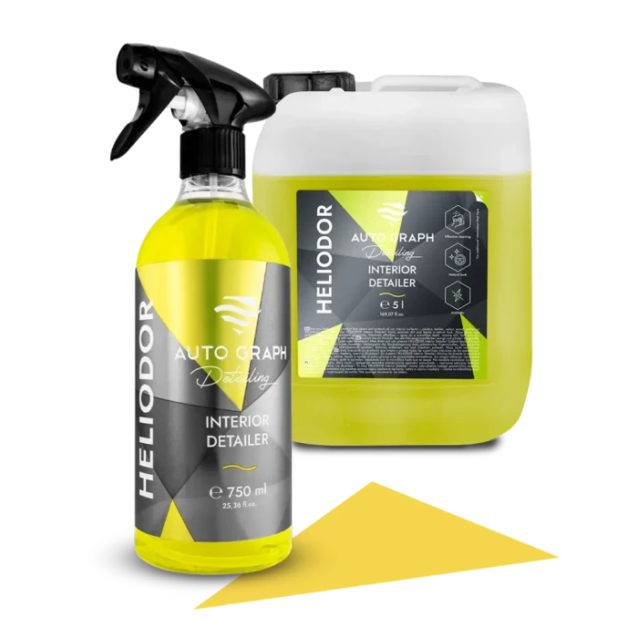 HELIODOR Interior Detailer, butelka z atomizerem 750 ml i kanister 5 l na białym tle