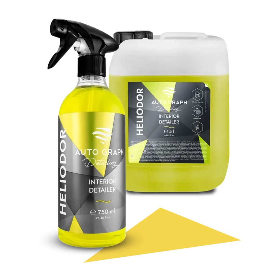 HELIODOR Interior Detailer, butelka z atomizerem 750 ml i kanister 5 l na białym tle