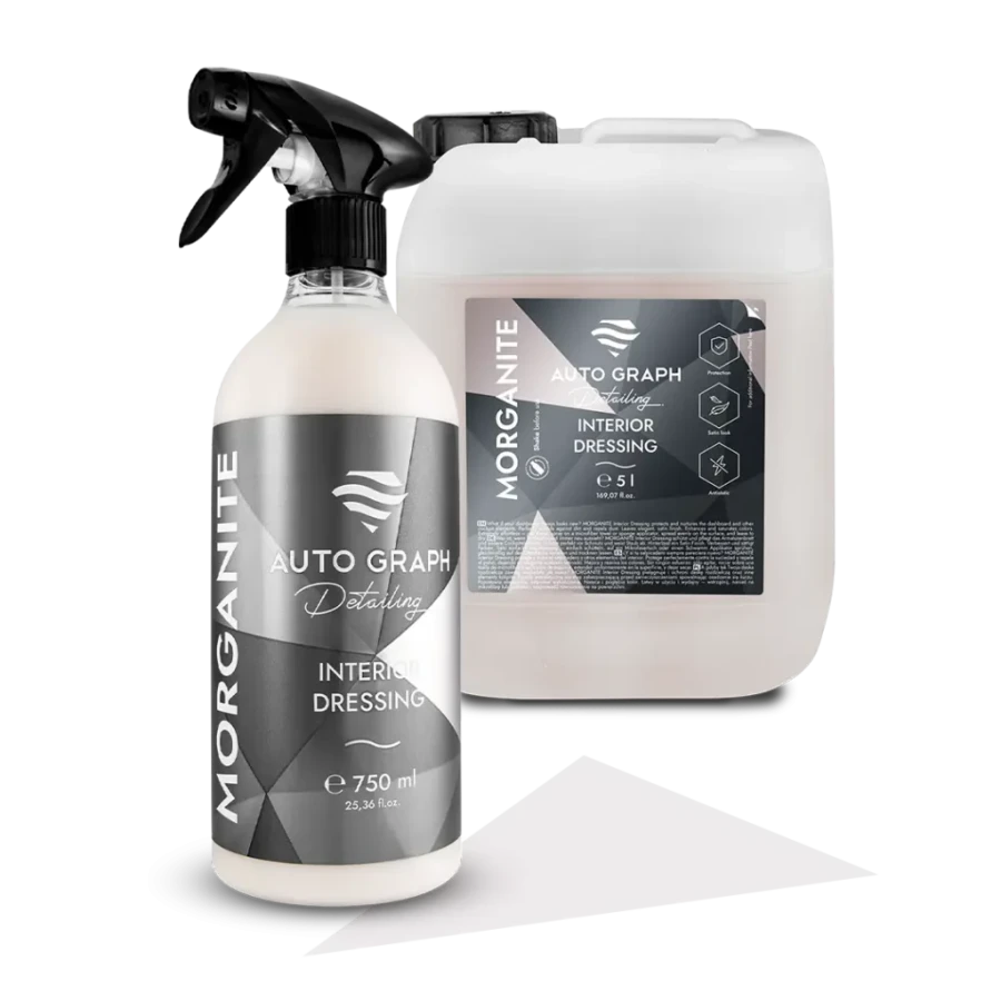 butelka 750 ml i kanister 5 l MORGANITE Interior Dressing obok siebie na białym tle