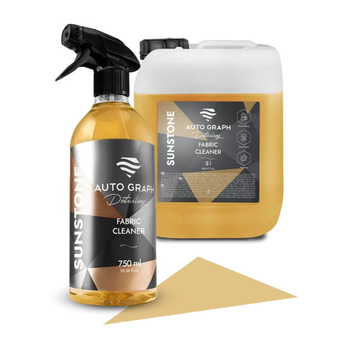 butelka 750 ml i kanister 5 l SUNSTONE Fabric Cleaner obok siebie na białym tle