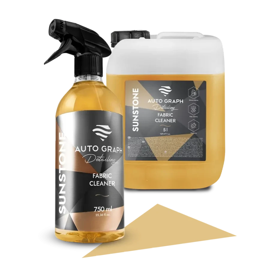 butelka 750 ml i kanister 5 l SUNSTONE Fabric Cleaner obok siebie na białym tle