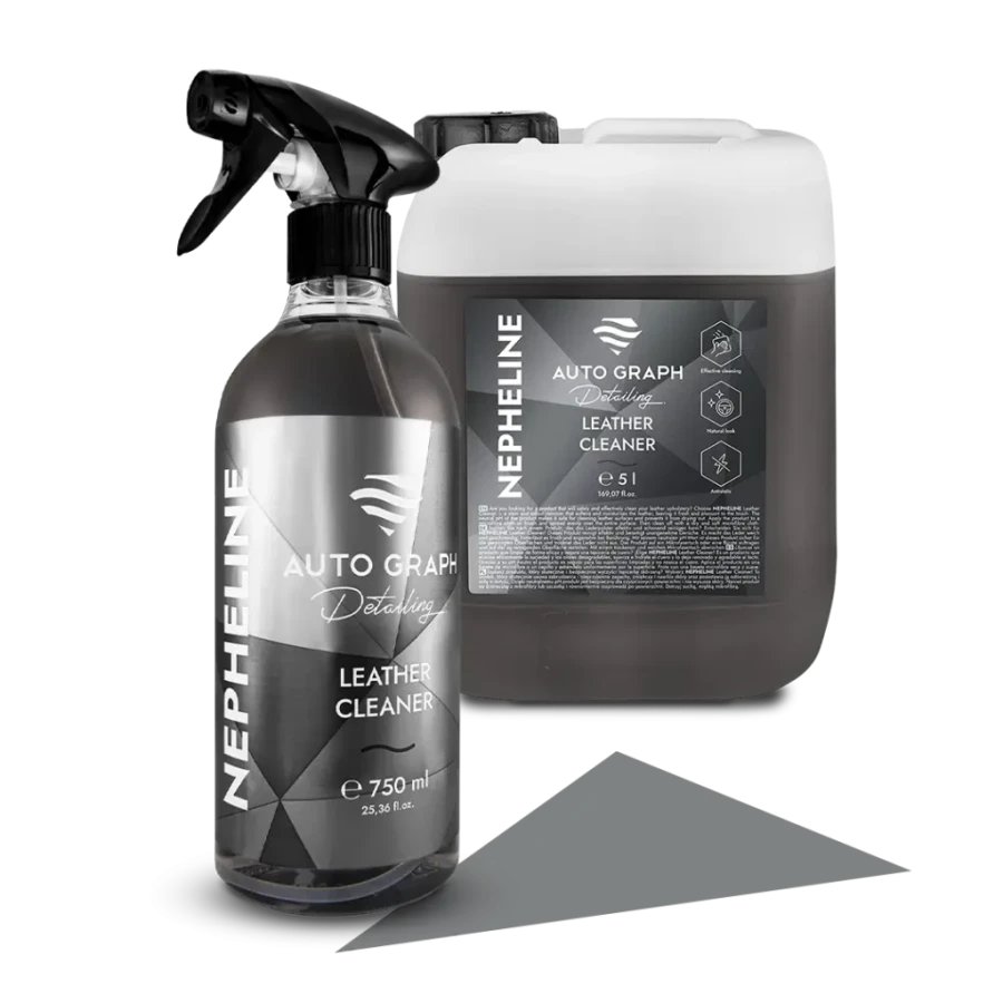 butelka 750 ml i kanister 5 l NEPHELINE Leather Cleaner obok siebie na białym tle