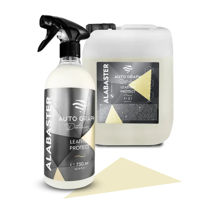 butelka 750 ml i kanister 5 l ALABASTER Leather Protect obok siebie na białym tle
