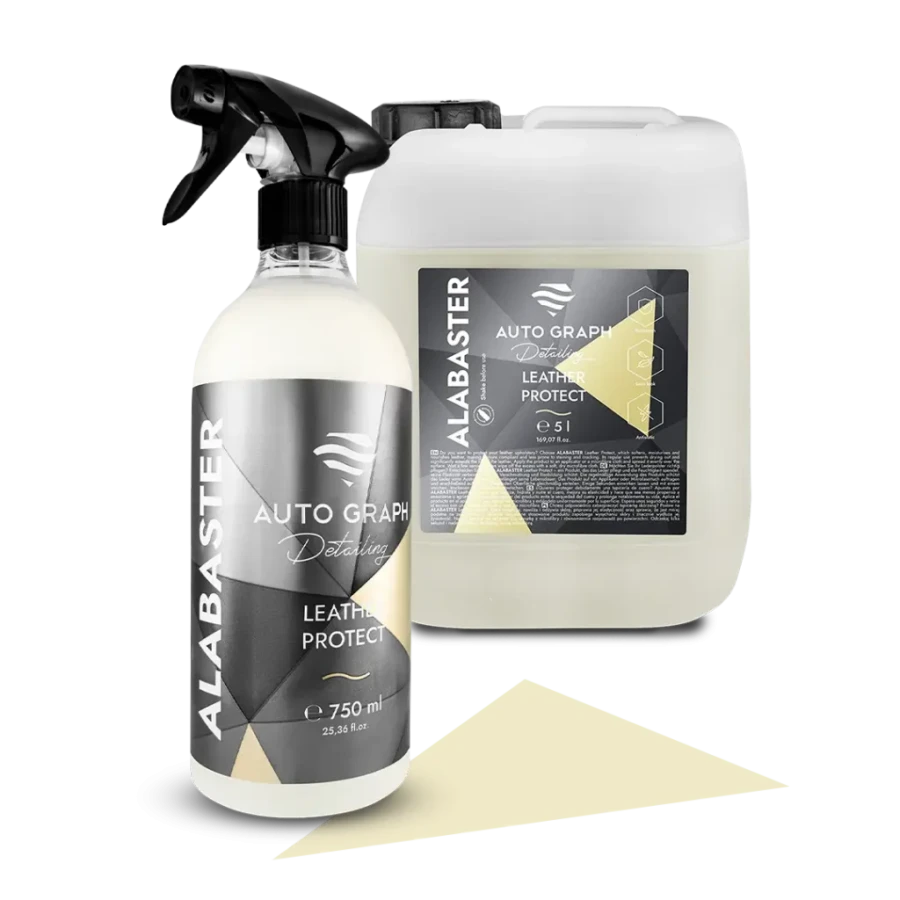 butelka 750 ml i kanister 5 l ALABASTER Leather Protect obok siebie na białym tle