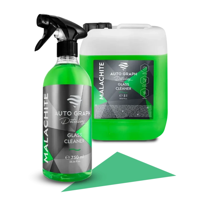 butelka 750 ml i kanister 5 l MALACHITE Glass Cleaner obok siebie na białym tle