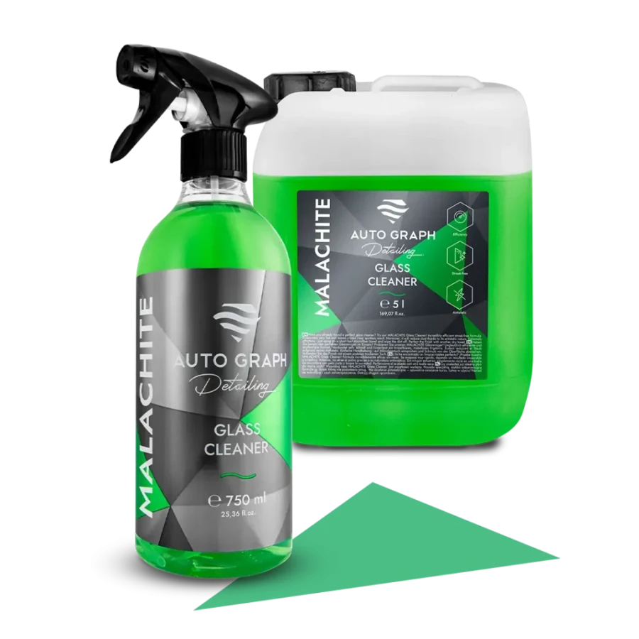 butelka 750 ml i kanister 5 l MALACHITE Glass Cleaner obok siebie na białym tle