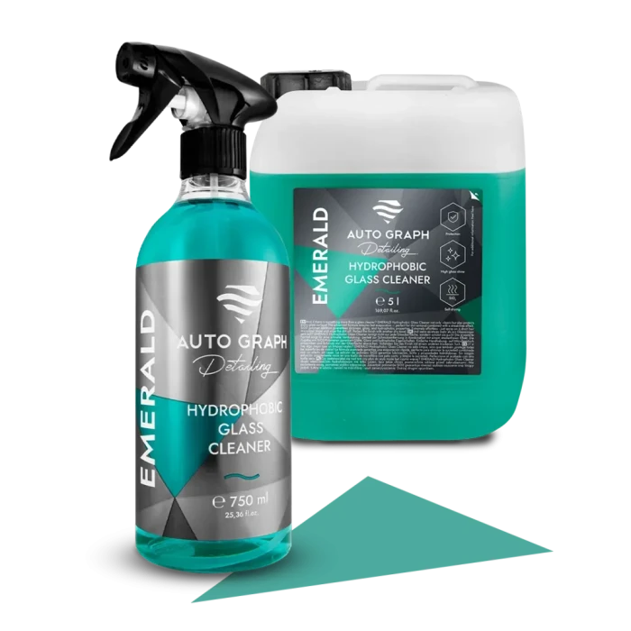 butelka 750 ml i kanister 5 l EMERALD Hydrophobic Glass Cleaner obok siebie na białym tle