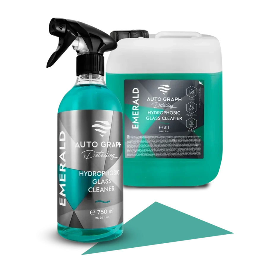 butelka 750 ml i kanister 5 l EMERALD Hydrophobic Glass Cleaner obok siebie na białym tle