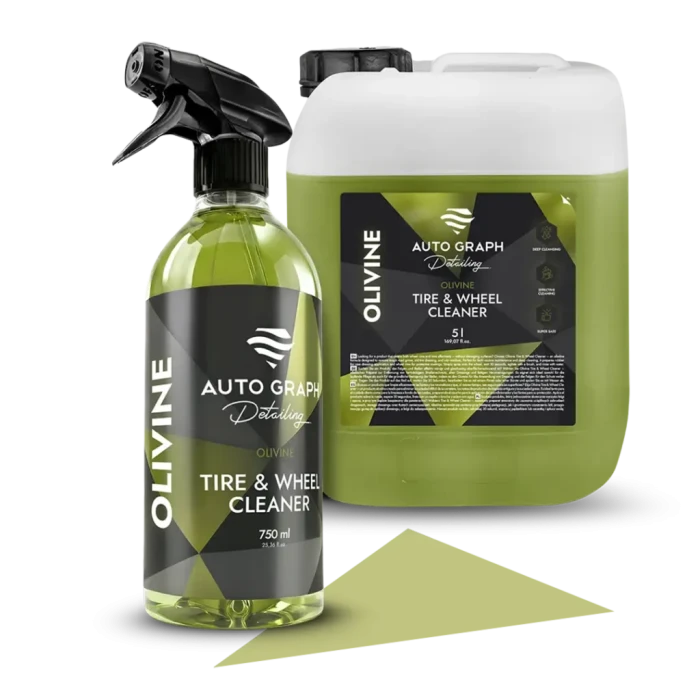 OLIVINE, preparat do mycia felg i opon, butelka z atomizerem 750 ml obok kanistra 5 l na białym tle