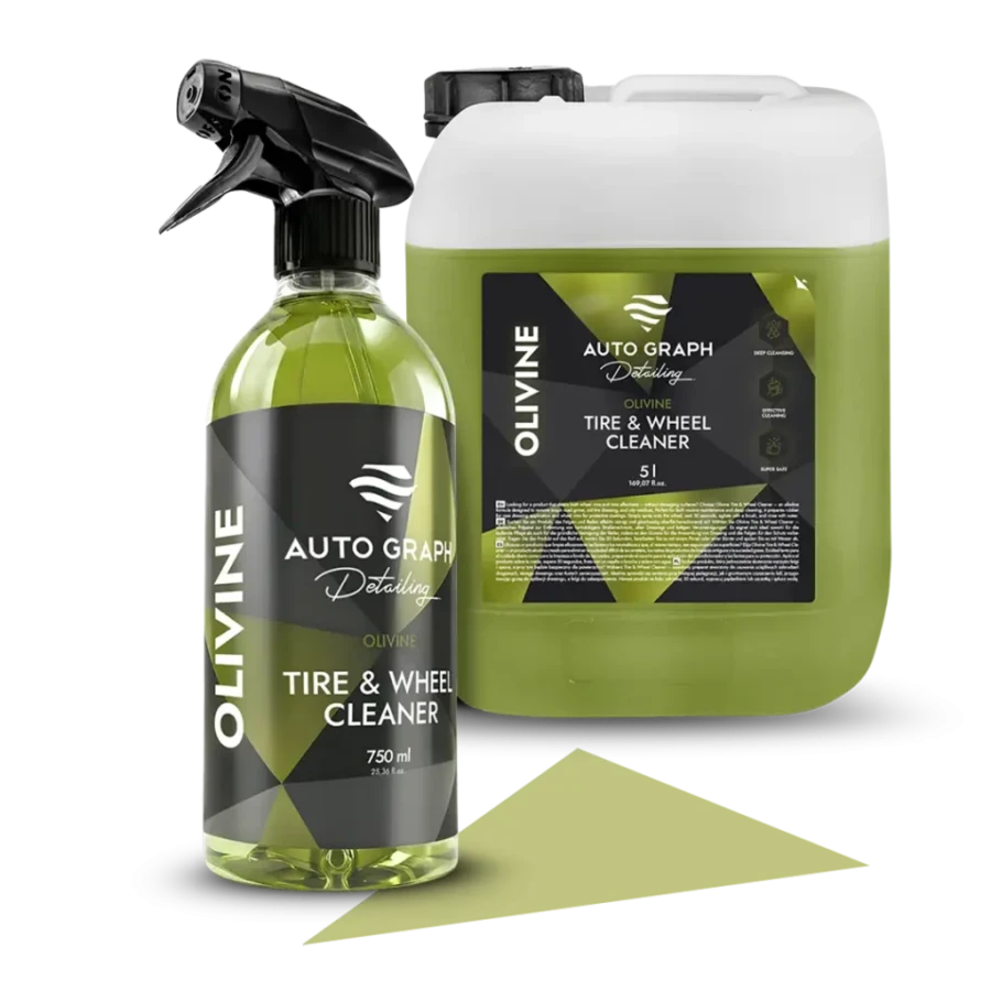 OLIVINE, preparat do mycia felg i opon, butelka z atomizerem 750 ml obok kanistra 5 l na białym tle