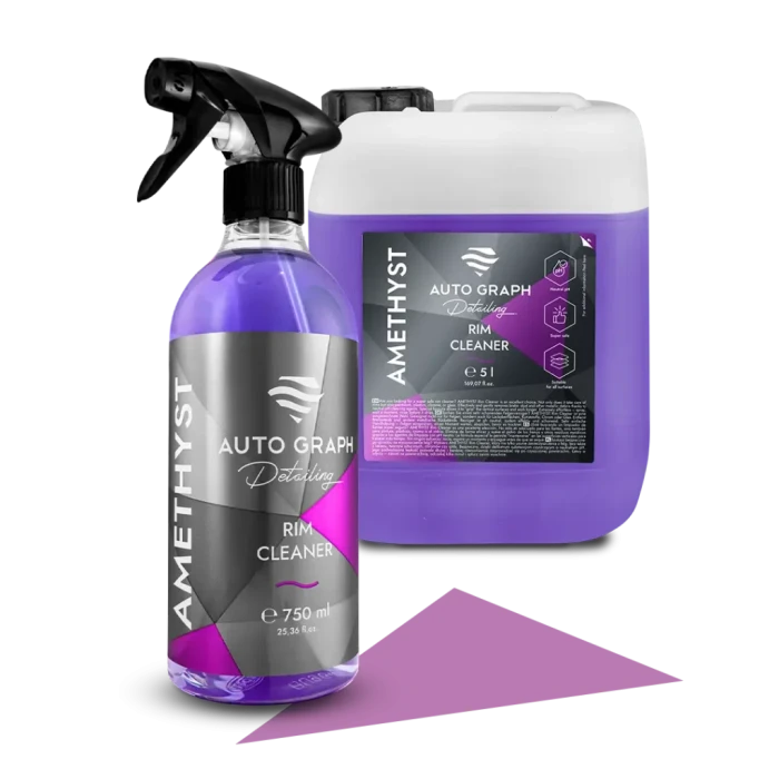 AMETHYST Rim Cleaner, butelka z atomizerem 750 ml obok kanistra 5 l na białym tle