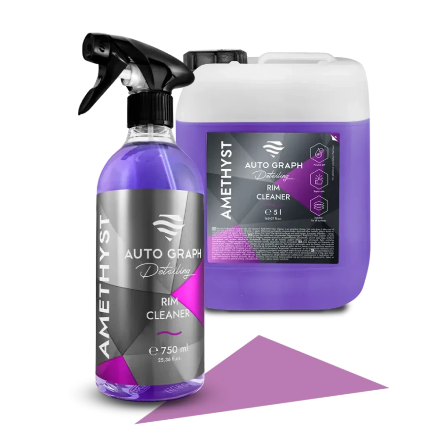 AMETHYST Rim Cleaner, butelka z atomizerem 750 ml obok kanistra 5 l na białym tle