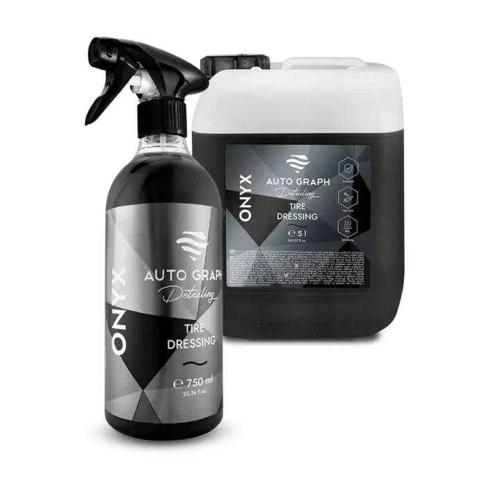 ONYX Tire Dressing, butelka z atomizerem 750 ml obok kanistra 5 l na białym tle