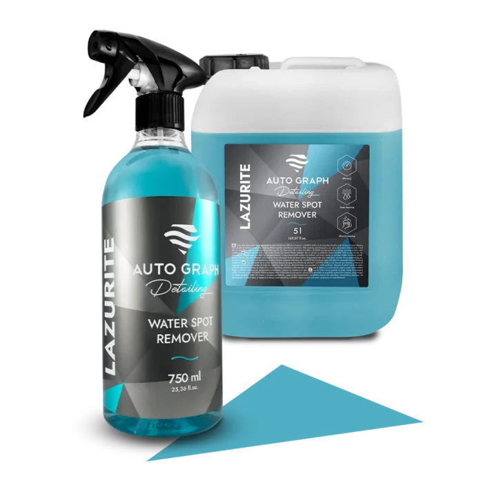 LAZURITE Water Spot Remover, butelka z atomizerem 750 ml obok kanistra 5 l na białym tle