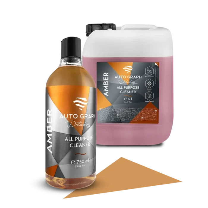 AMBER All Purpose Cleaner, butelka 750 ml obok kanistra 5 l na białym tle