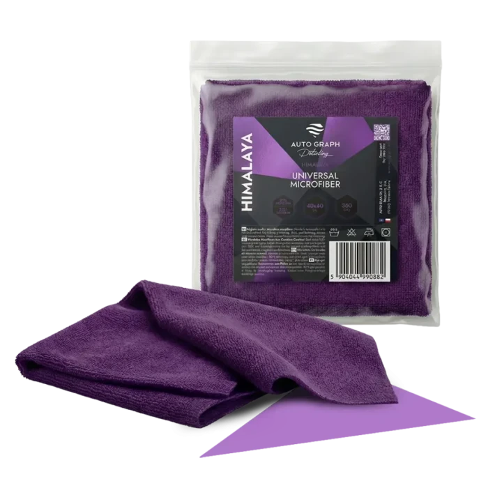 Fioletowa puszysta mikrofibra HIMALAYA Universal do auta, złożona przed opakowaniem z etykietą 40x40 cm