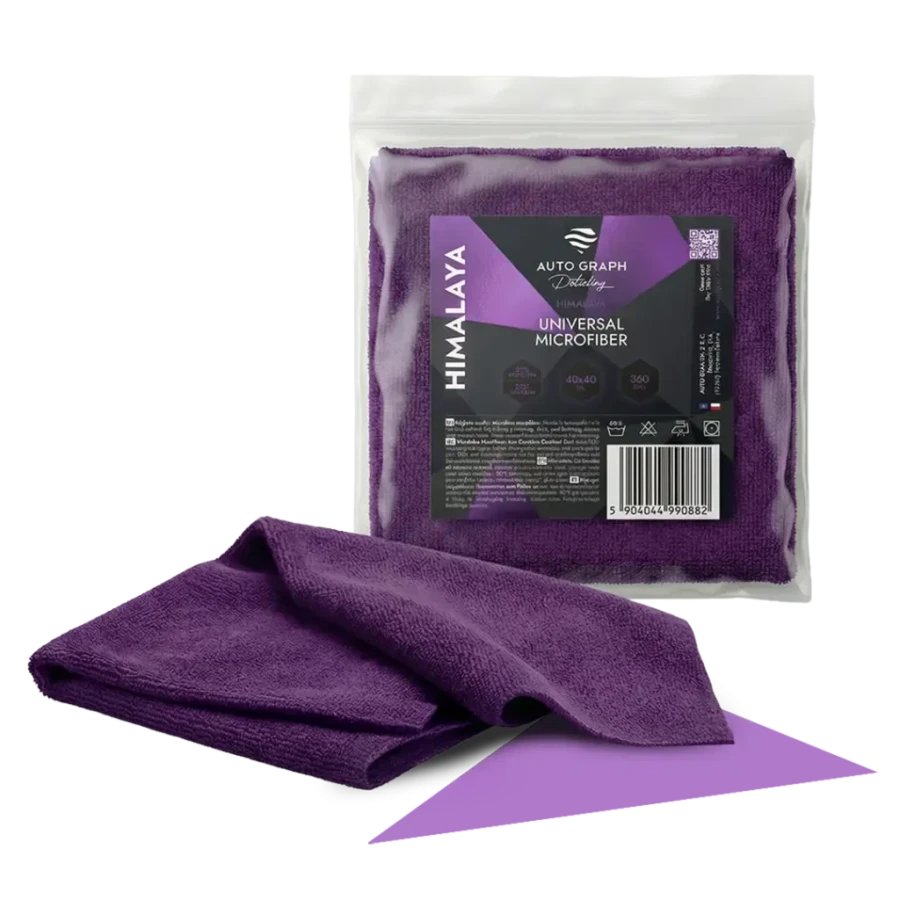 Fioletowa puszysta mikrofibra HIMALAYA Universal do auta, złożona przed opakowaniem z etykietą 40x40 cm