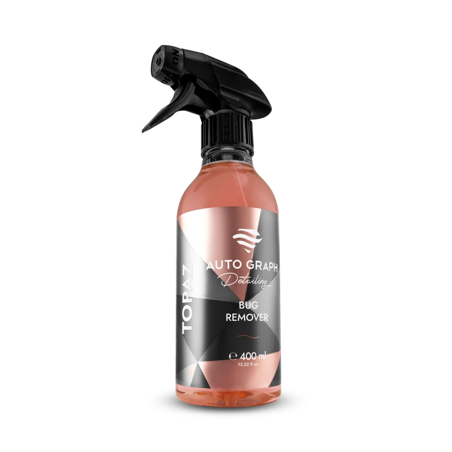 Butelka ze spryskiwaczem 400 ml pomarańczowego płynu TOPAZ Bug Remover na białym tle