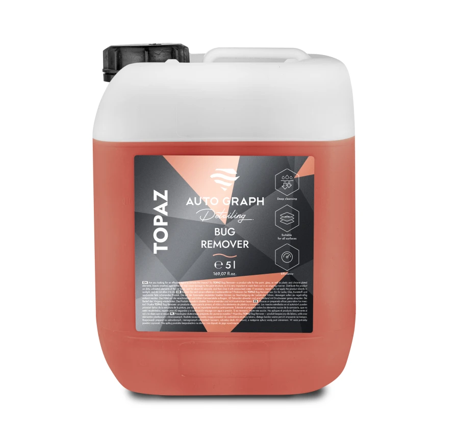Kanister 5 l pomarańczowego płynu TOPAZ Bug Remover z uchwytem, na białym tle