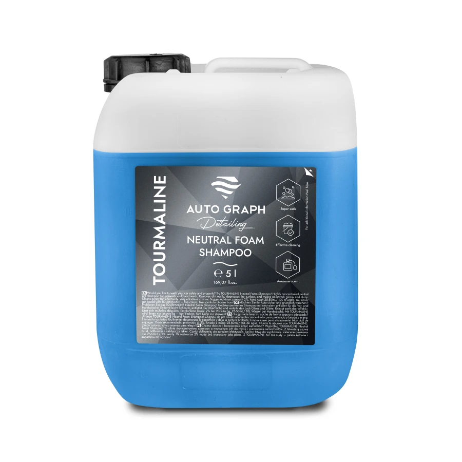 Niebieski kanister 5 l szamponu TOURMALINE BLUE Neutral Foam Shampoo z uchwytem, na białym tle