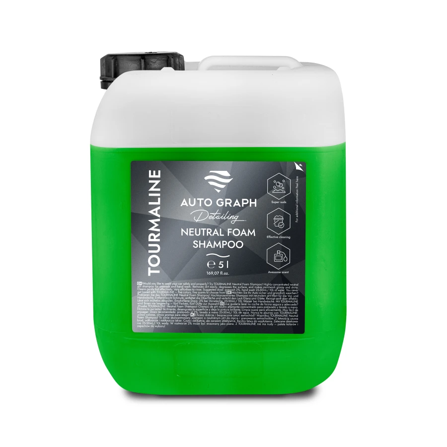 Zielony kanister 5 l szamponu TOURMALINE GREEN Neutral Foam Shampoo z uchwytem, na białym tle