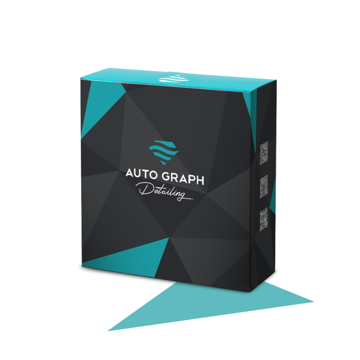 Zamknięte czarne pudełko prezentowe AUTO GRAPH Detailing z turkusowym geometrycznym wzorem, na białym tle